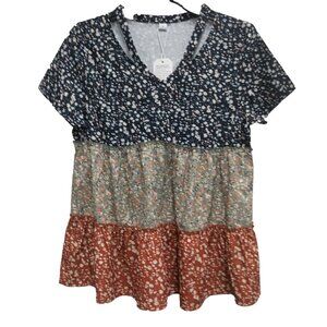 Made With Love Womens Blouse Top Small Floral Tiered BOHO Festival Short Sleeve